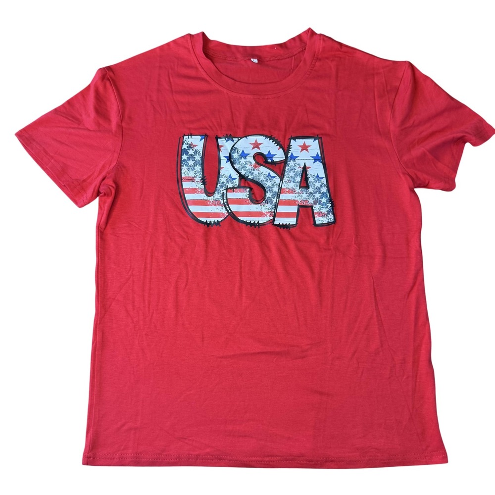 Womens T-Shirt L Red USA Graphic Stars Stripe Patriotic Americana Holiday Summer